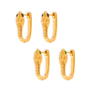 Gold snake huggie earrings with green and black crystal eyes in titanium steel