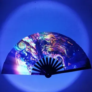 Detail of bamboo folding fan with Van Gogh Starry Night oil painting style texture