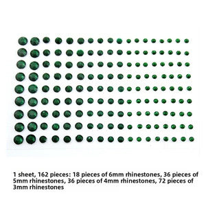 Green self-adhesive face rhinestones in assorted sizes from 3mm to 6mm for makeup