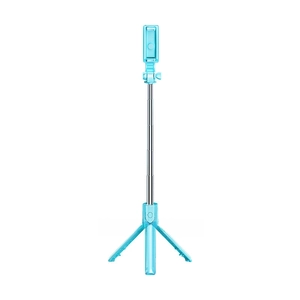 Close-up of extendable blue selfie stick with integrated tripod and phone clamp holder