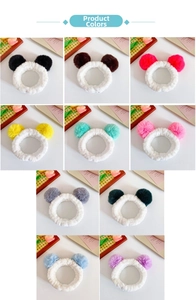 Detail showing 10 color variants of plush ear headbands with colorful fur pom poms
