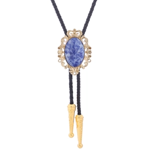 Detail of crown bolo tie featuring blue turquoise stone and gold metallic fringe tips