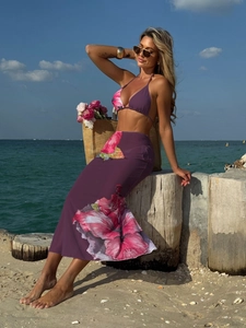 Detailed view of high-waist mesh skirt with pink hibiscus floral print for bikini set
