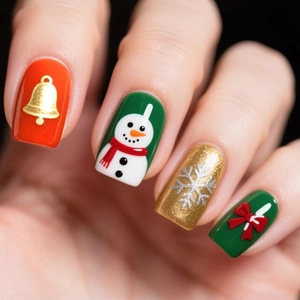 Christmas Press On Nails ABS Square Glossy Snowman Bow Bell Snowflake Design For Women With Jelly Glue And Nail File