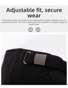 Detail of adjustable metal buckle on black winter hat for secure windproof fit