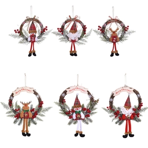 6-pack Christmas wreath set with Santa and Snowman dolls on natural rattan branch rings