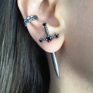 Gothic dagger stud earrings and skull ear cuff set with black gemstone and silver finish