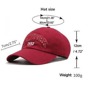 Burgundy cotton baseball cap with New York embroidery and detailed size measurements