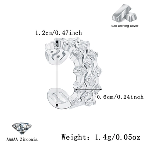 Close-up of S925 sterling silver ear cuff with AAAAA zirconia and product dimensions