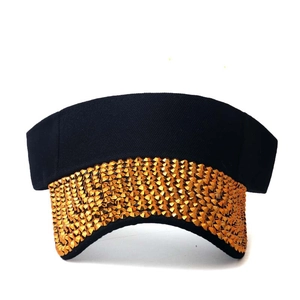 Women's black sun visor hat with sparkling orange rhinestones and open top design
