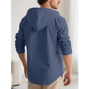 Back view of blue long sleeve hooded linen shirt showing detailed vertical stripe texture