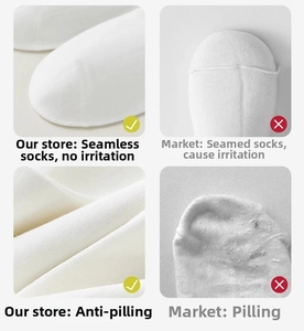 Detail comparison of seamless toe stitching and anti-pilling cotton fabric on white socks