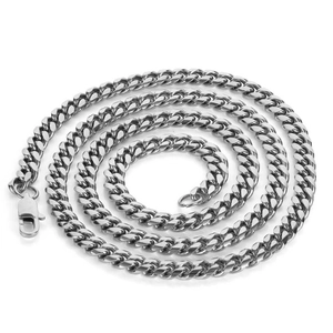 Silver stainless steel Cuban link necklace for men with secure lobster clasp on white background