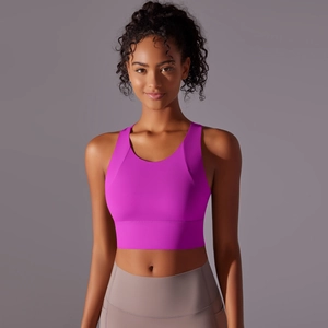 Front view of purple sports bra with wide straps and high-elastic breathable fabric