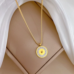 Gold titanium steel box chain necklace with white enamel pavé diamond round pendant