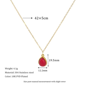 Detail view of 18K gold plated necklace with red teardrop pendant and size specifications