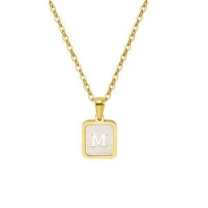 18K gold plated stainless steel necklace featuring a square shell inlay with letter M