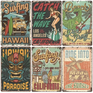 Set of 6 vintage metal surf posters with American retro style for beach bar wall decor