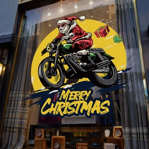 Merry Christmas Santa riding motorcycle window static sticker for festive shop decor