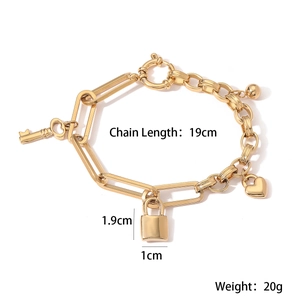 18K gold plated thick chain bracelet with heart, lock and key pendants for women