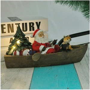Christmas Santa in wooden boat with LED pine tree and animals resin ornament decor