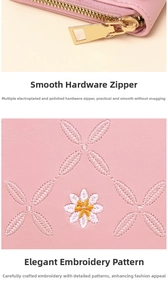 Detail of golden hardware zipper and floral embroidery on pink crossbody phone bag