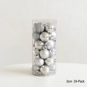 Detailed view of 24-piece 3cm silver and grey Christmas baubles in cylindrical packaging