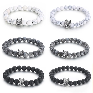 Retro Wolf Head Natural Stone Beaded Bracelet Punk Style Men Agate Tiger Eye Howlite Labradorite Alloy Jewelry
