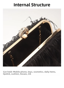 Detail view of the black feather evening bag interior with a gold chain and ring clasp