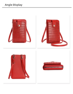 Detailed views showing red crocodile pattern cross-body phone bag from multiple angles