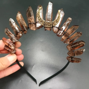 Smoky quartz crystal crown with brass crescent moon detail on a black headband