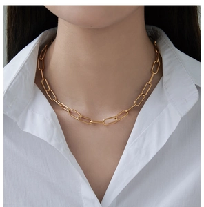 Close-up of golden paperclip link necklace worn on a white shirt collar for styling