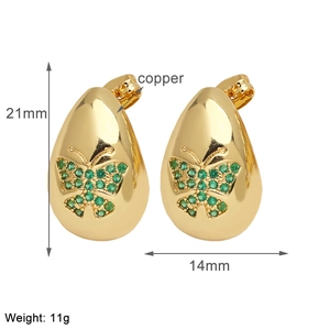 Detail showing 21mm gold drop earrings with green zircon butterfly inlay and dimensions