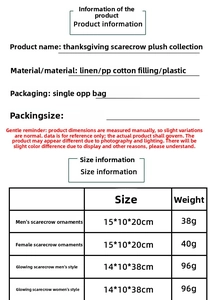 Size chart for Thanksgiving scarecrow gnome dolls showing dimensions and material details