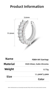 Detailed size chart for S925 sterling silver ear cuff with cubic zirconia inlay specs