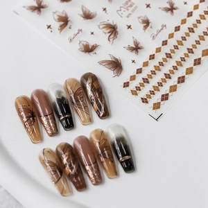 Self-adhesive nail art stickers with butterfly patterns and amber geometric line designs