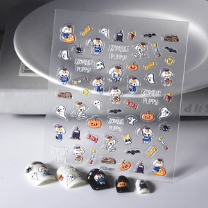 Halloween Nail Stickers 5D Embossed Self Adhesive Zombie Puppy Pumpkin Ghost Bat Manicure Decals Decor