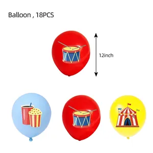 Detail of 12-inch latex balloons with circus theme prints including tent and popcorn