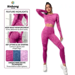 Women's two-piece seamless tie-dye yoga set with long sleeve crop top and leggings