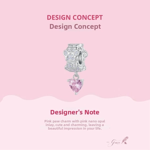 Detail view of S925 sterling silver charm with paw prints and pink nano opal heart pendant