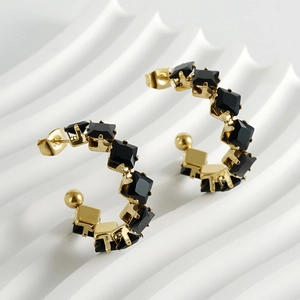 Gold-plated 18K stainless steel C-shaped hoop earrings with square black zircon inlay