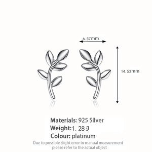Detail showing 925 sterling silver leaf studs with dimensions of 14.53mm by 6.57mm