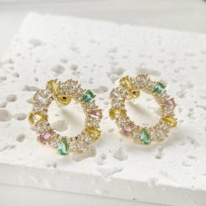 French vintage earrings with multi-colored gemstones in a gold circle setting
