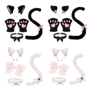 5-piece plush cat cosplay set with ears headband, paw gloves, tail and bell choker