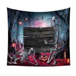 Halloween spooky skeleton tapestry with pumpkins, bats and full moon for room wall decor