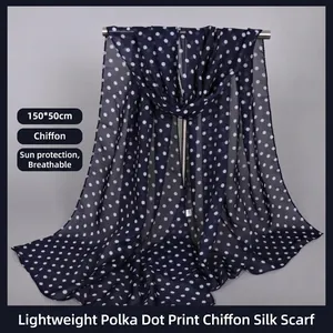 Women Chiffon Scarf Lightweight Sun Protection Long Shawl Retro Polka Dot Floral Leopard Print Soft Breathable Wrap