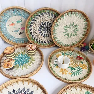 Round Rattan Woven Tray With Shell Mosaic Inlay Decorative Serving Platter For Fruit Snacks Bohemian Home Decor