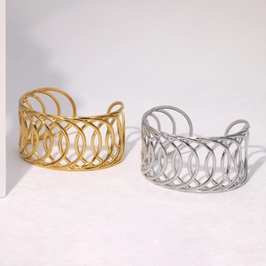 Minimalist hollow geometric cross cuff bracelets in polished gold and silver finishes
