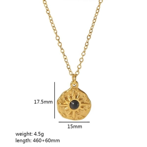 18k gold plated stainless steel sunburst pendant necklace with black gemstone detail