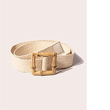 Detailed close-up of ivory woven waist belt featuring a square bamboo buckle